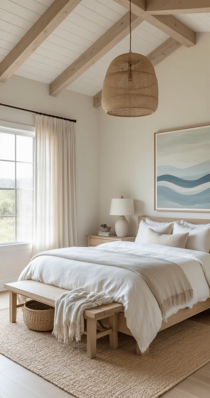Effortless Coastal Modern Decor: Transform Your Space into a Serene Seaside Retreat A serene master bedroom featuring a king-sized platform bed in bleached oak, dressed in white linens and an oatmeal duvet, with early morning light streaming through sheer linen drapes. The room includes matching nightstands with soft white ceramic lamps, a handwoven jute pendant light, and abstract ocean-inspired artwork in muted blues and greys. A seagrass basket holds a throw blanket, creating a peaceful sanctuary atmosphere.