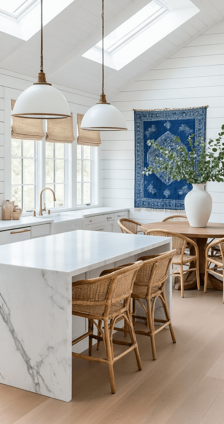 Effortless Coastal Modern Decor: Transform Your Space into a Serene Seaside Retreat Open-concept kitchen-dining space with white shiplap walls, featuring a marble waterfall island, rattan barstools, white oak dining table, modern chairs, eucalyptus vase, vintage textile art, and natural fiber roman shades, illuminated by mid-morning light from skylights.