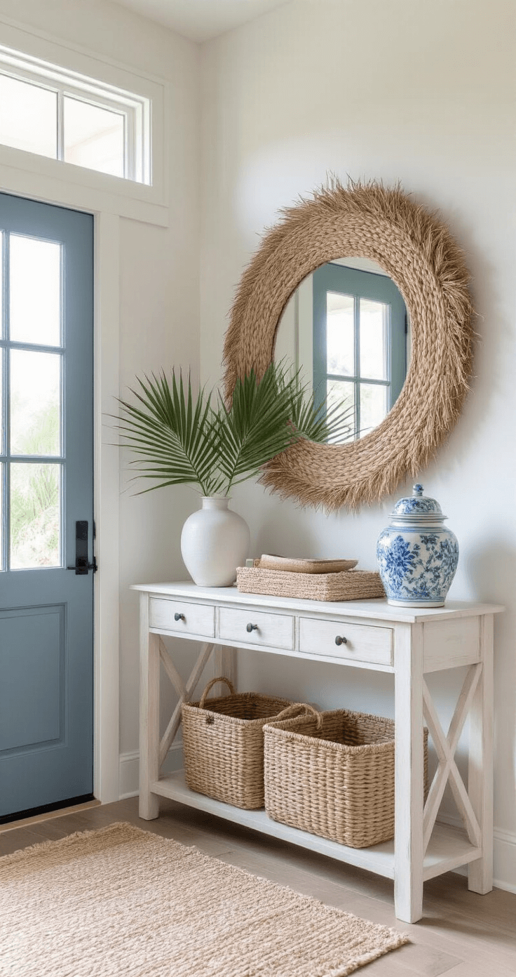 Effortless Coastal Modern Decor: Transform Your Space into a Serene Seaside Retreat Welcoming entryway featuring a whitewashed console table with a woven basket, an oversized round mirror with rope details, and a coastal grass wall hanging. A handwoven natural fiber runner extends on the floor, complemented by a white ceramic ginger jar holding palm fronds. The blue-grey door is visible in the background, with soft diffused natural light from a transom window enhancing the inviting atmosphere.