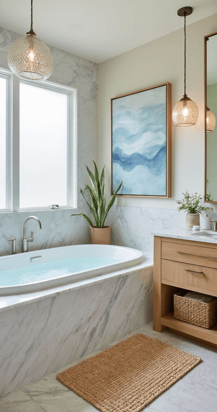 Effortless Coastal Modern Decor: Transform Your Space into a Serene Seaside Retreat A luxurious 14x16ft primary bathroom featuring morning light through a frosted window, a freestanding oval tub against a marble wall, a natural teak bath mat, a white oak floating vanity with a marble top, textured glass pendant lights, woven seagrass baskets, and large-scale abstract art in watery blues, captured from a corner to emphasize spatial luxury and serene ambiance.