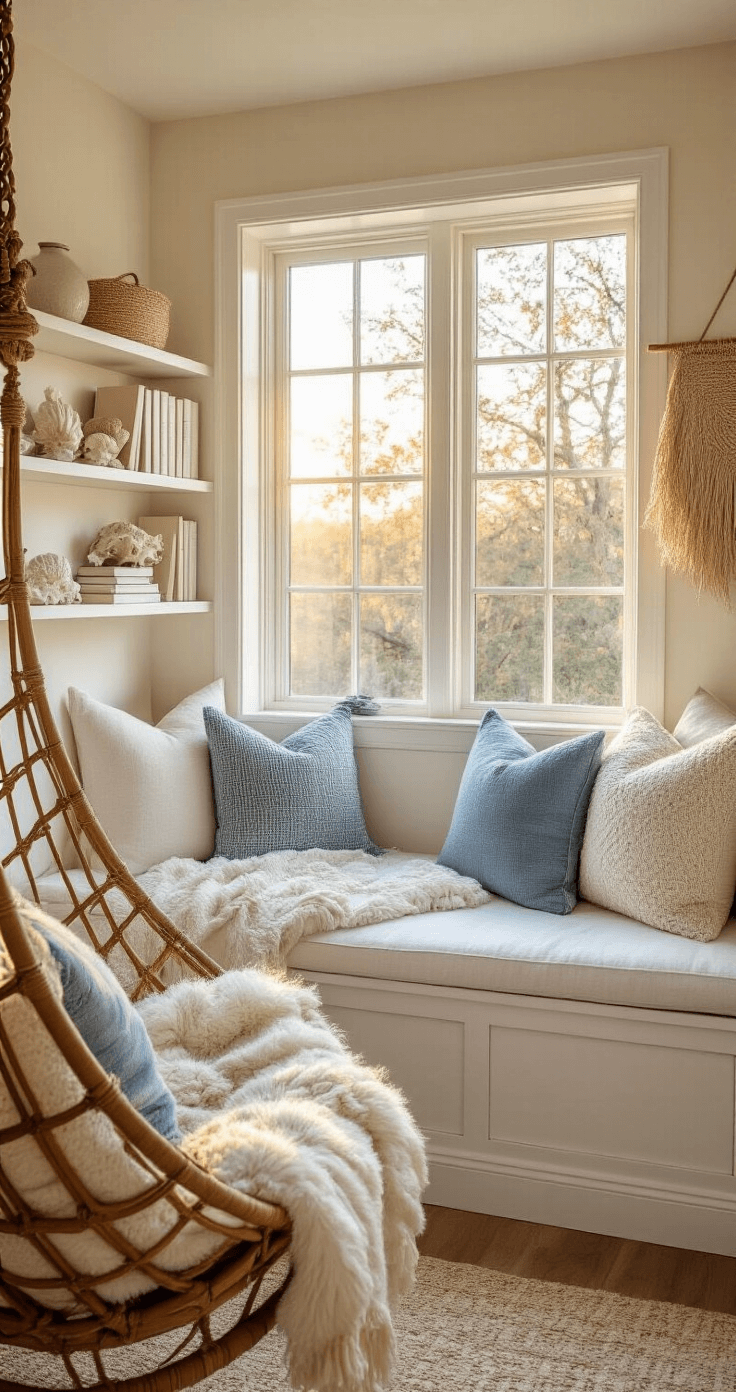 Effortless Coastal Modern Decor: Transform Your Space into a Serene Seaside Retreat Cozy reading nook featuring a bay window with golden hour light, a built-in bench with white cushions, coastal-themed pillows, a rattan hanging chair, floating shelves with books and shell collections, and a handwoven wall hanging, all contributing to a peaceful retreat atmosphere.