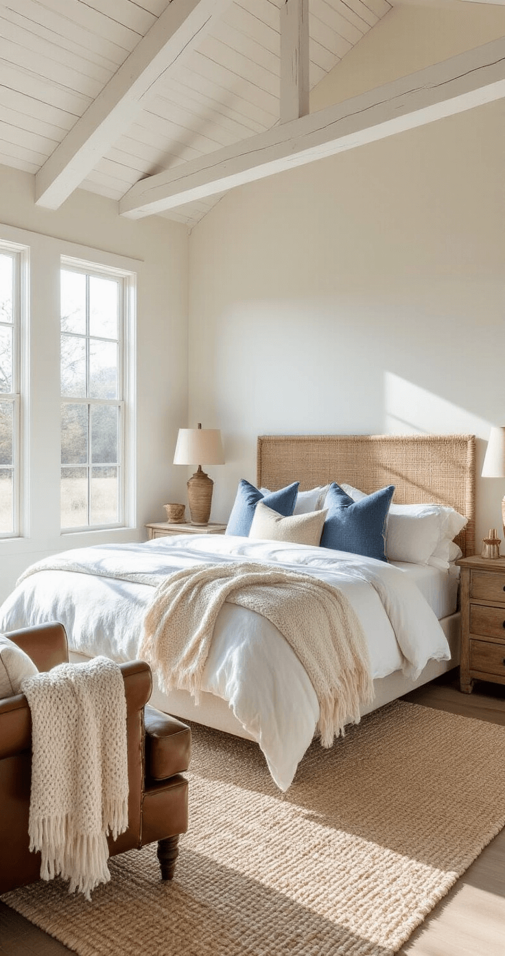 Coastal Cowgirl Room Decor: Create Your Ultimate Relaxed Western Sanctuary A sunlit bedroom featuring vaulted ceilings and white-washed beams, with floor-to-ceiling windows, a leather armchair with a knit throw, a king-sized bed with white linen and denim accents, and wooden side tables with brass lamps, all in a warm color palette.