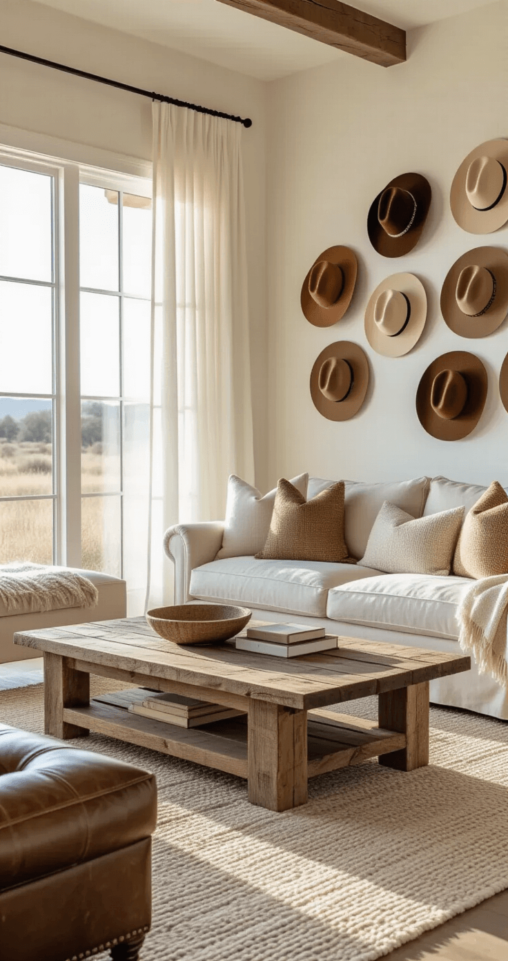 Coastal Cowgirl Room Decor: Create Your Ultimate Relaxed Western Sanctuary An open-concept living space with warm lighting at golden hour, featuring a reclaimed barn wood coffee table on a neutral rug, a cream linen sofa, a vintage leather ottoman, and a wall installation of decorative brown cowboy hats.