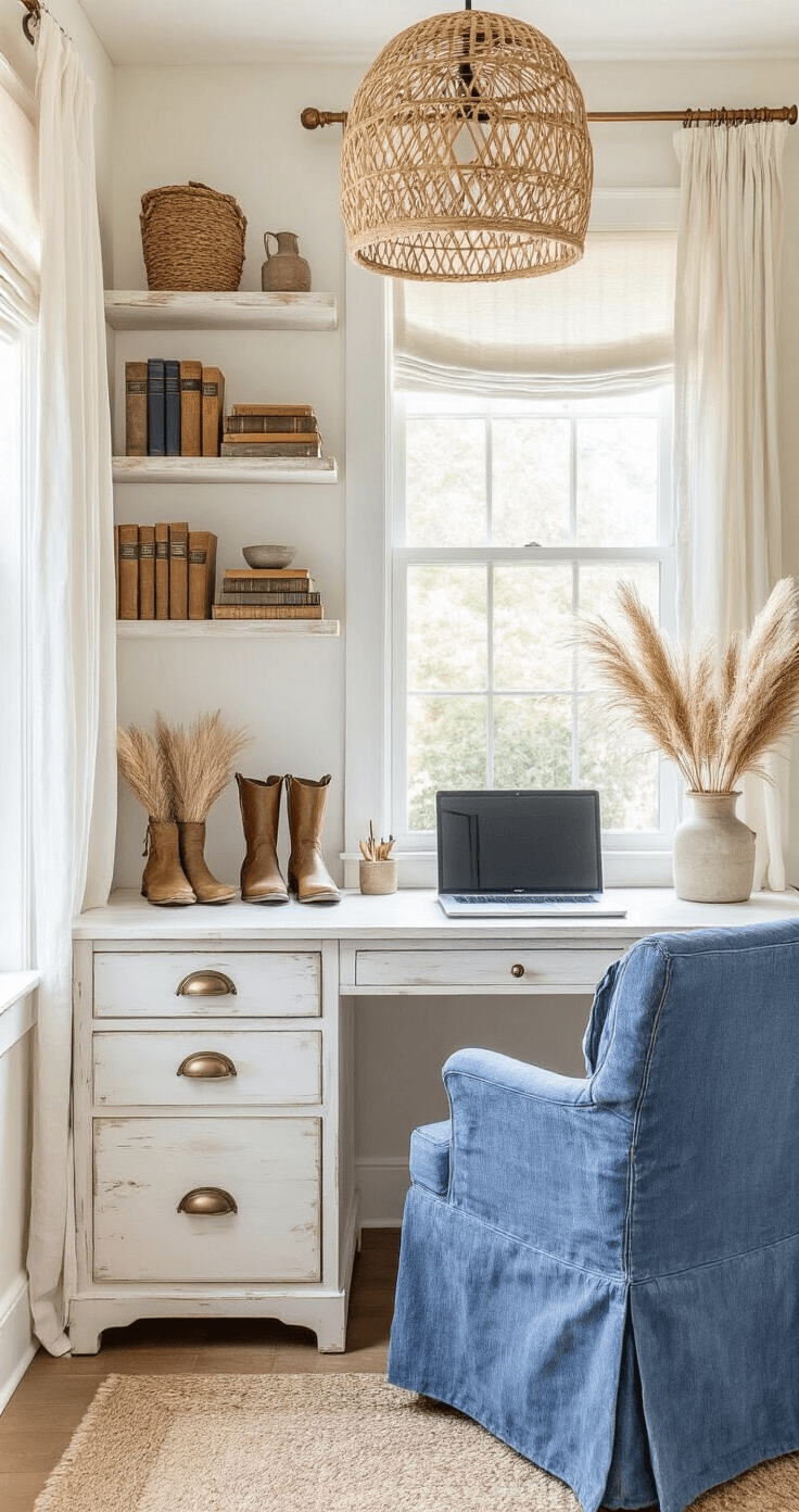 Coastal Cowgirl Room Decor: Create Your Ultimate Relaxed Western Sanctuary A cozy home office nook with a whitewashed wooden desk under a large window, vintage denim-upholstered chair, and floating shelves adorned with weathered books and vintage boot planters, all bathed in natural light and accented with a rattan pendant lamp.