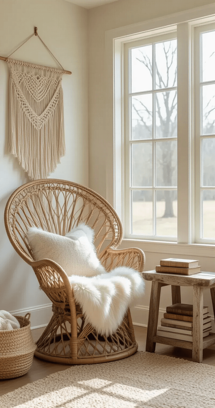 Coastal Cowgirl Room Decor: Create Your Ultimate Relaxed Western Sanctuary A cozy reading corner featuring an oversized rattan peacock chair with a sheepskin throw, illuminated by afternoon light. The chair faces floor-to-ceiling windows, complemented by a weathered wood side table adorned with coastal finds and leather-bound books. A macramé wall hanging adds texture above, all set in warm white, natural rattan, cream, and touches of sea glass blue.