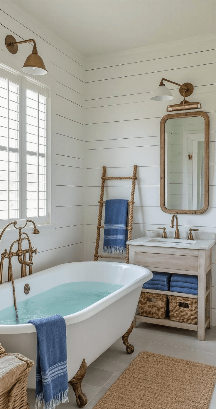 Coastal Cowgirl Room Decor: Create Your Ultimate Relaxed Western Sanctuary A spacious 14x16ft bathroom featuring shiplap walls in crisp white, a vintage clawfoot tub with aged brass hardware, denim blue Turkish towels on a leather-strapped ladder, rattan baskets beneath a floating vanity, and a rope-framed mirror, all illuminated by soft morning light streaming through frosted windows.