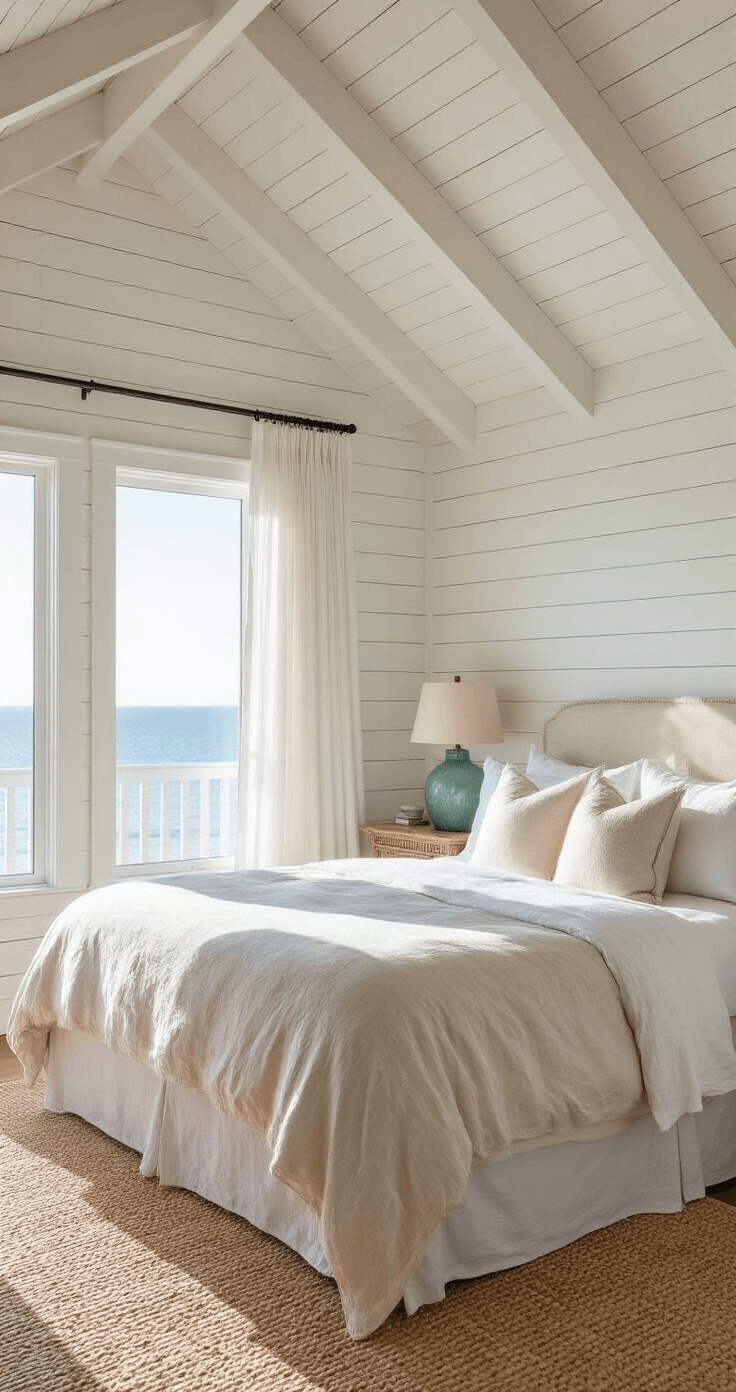 Coastal Beach House Decor: Transform Your Space into a Seaside Sanctuary A cozy coastal bedroom with a king-sized bed in rumpled ivory linen, vaulted ceiling with white beams, and shiplap accent wall, illuminated by morning light. Water hyacinth side tables with sea glass blue lamps, gauzy curtains framing ocean views, and textured sisal carpet are visible from a low-angle shot at the doorway.