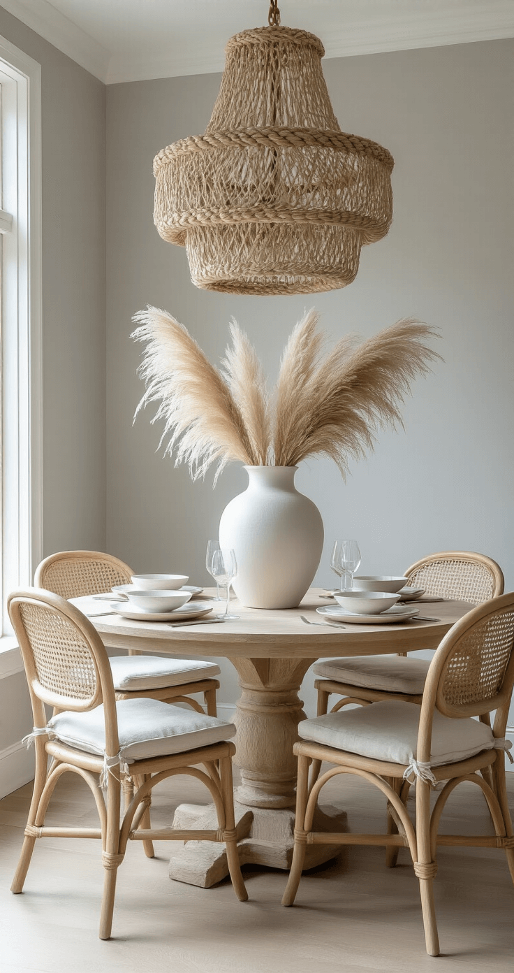 Coastal Beach House Decor: Transform Your Space into a Seaside Sanctuary Airy dining space with bleached oak round table, four rattan-backed chairs with linen cushions, and a large vase of pampas grass as the centerpiece, all illuminated by natural and ambient light, against pale gray walls.