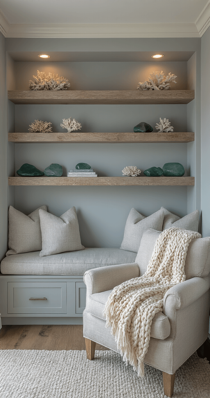 Coastal Beach House Decor: Transform Your Space into a Seaside Sanctuary A serene reading nook featuring a built-in window seat with coastal fog gray cushions, weathered oak floating shelves with sea glass and coral, and a Belgian linen accent chair with an ivory chunky knit throw, all captured during blue hour with moody lighting.