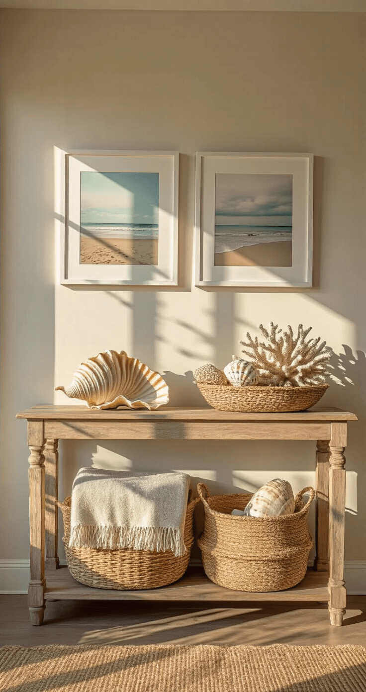 Coastal Beach House Decor: Transform Your Space into a Seaside Sanctuary A high-angle shot of a welcoming 12x8ft entryway illuminated by golden hour light, featuring a vintage sun-bleached oak console adorned with an oversized conch shell and natural coral, an oversized seagrass basket with rolled beach blankets, and a gallery wall of abstract beach photography in floating white frames, with dramatic shadows cast through a transom window.