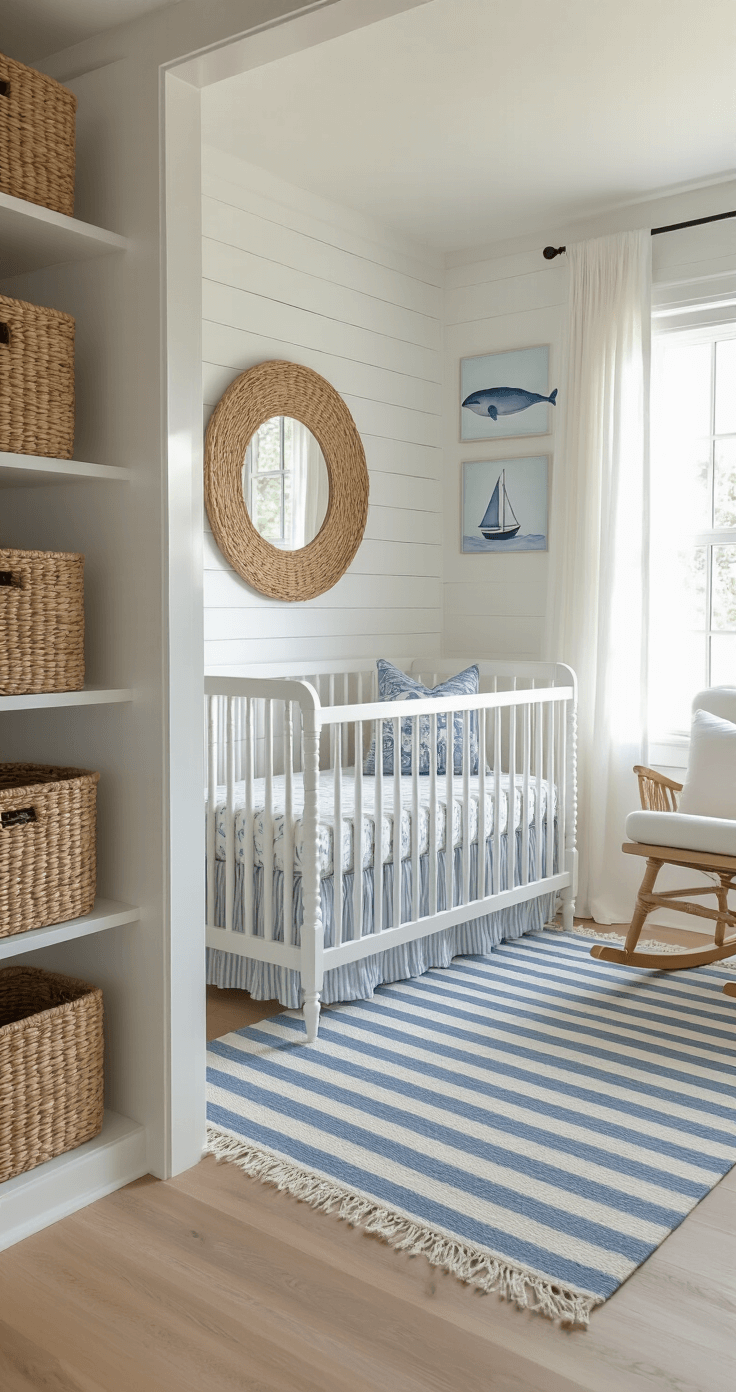 Coastal Nursery Decor: Creating a Serene Ocean-Inspired Baby Haven A sunlit coastal nursery with white shiplap walls, light oak flooring, and blue-white striped jute rug, featuring a weathered white spindle crib, ocean-wave patterned bedding, gauzy curtains, and a plush oatmeal rocking chair, adorned with woven seagrass baskets and a circular rattan mirror, complemented by whale and sailboat watercolor prints on soft blue-grey walls.