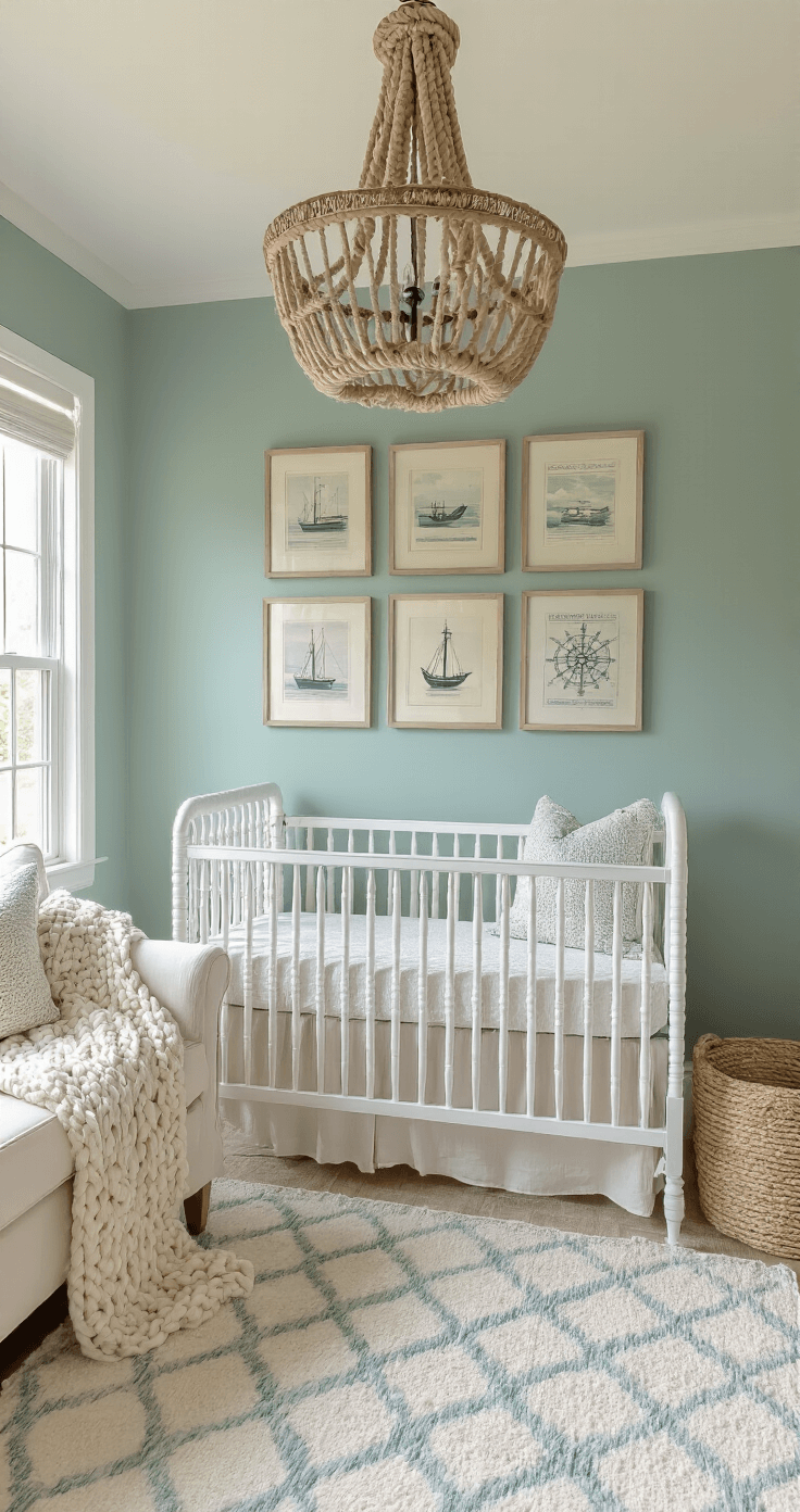 Coastal Nursery Decor: Creating a Serene Ocean-Inspired Baby Haven High-angle view of a cozy nursery corner featuring a dove-white Jenny Lind crib, a nautical chandelier, a seafoam green accent wall with vintage maritime prints, a linen-upholstered glider with a chunky knit throw, and a bleached wood side table, all on a geometric cream and pale blue area rug. Natural light highlights woven textures of jute, cotton, and rope.