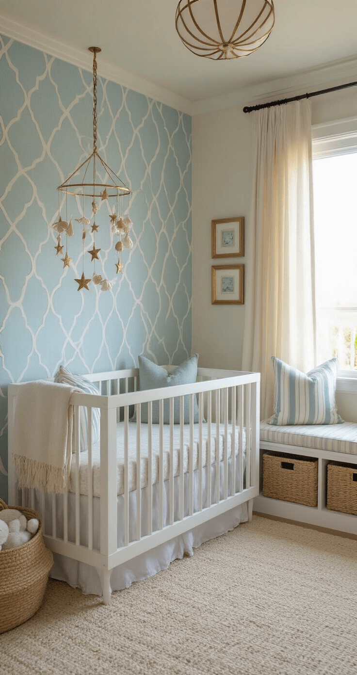 Coastal Nursery Decor: Creating a Serene Ocean-Inspired Baby Haven Wide-angle view of a coastal nursery at dawn, featuring a pale blue geometric wallpaper, a modern white crib with mixed metal hardware, a brass mobile, plush ivory carpet, and built-in window seats with coastal-striped cushions.