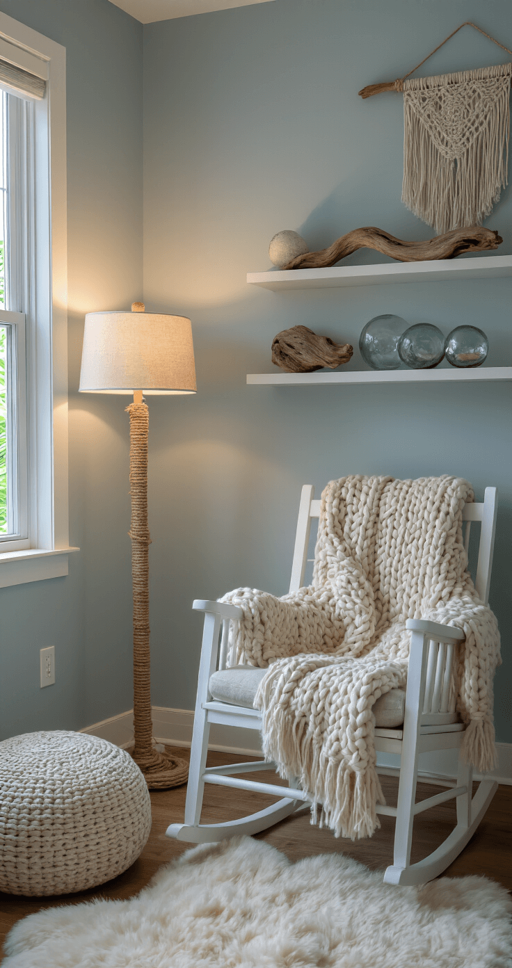 Coastal Nursery Decor: Creating a Serene Ocean-Inspired Baby Haven Intimate nursery corner at dusk featuring a whitewashed rocking chair with a chunky knit throw, a rope-wrapped floor lamp, and soft uplighting highlighting artisanal decor against 'Ocean Air' painted walls, complemented by a macramé wall hanging, natural fiber pouf, and sheepskin rug.