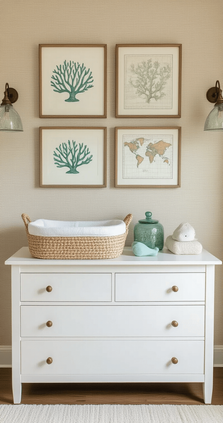 Coastal Nursery Decor: Creating a Serene Ocean-Inspired Baby Haven A well-styled nursery changing station featuring a clean white dresser with a woven changing basket and organic cotton supplies in sea glass colors, complemented by a gallery wall of watercolor coral prints and vintage maps, all illuminated by natural light that enhances the grasscloth wallpaper texture.
