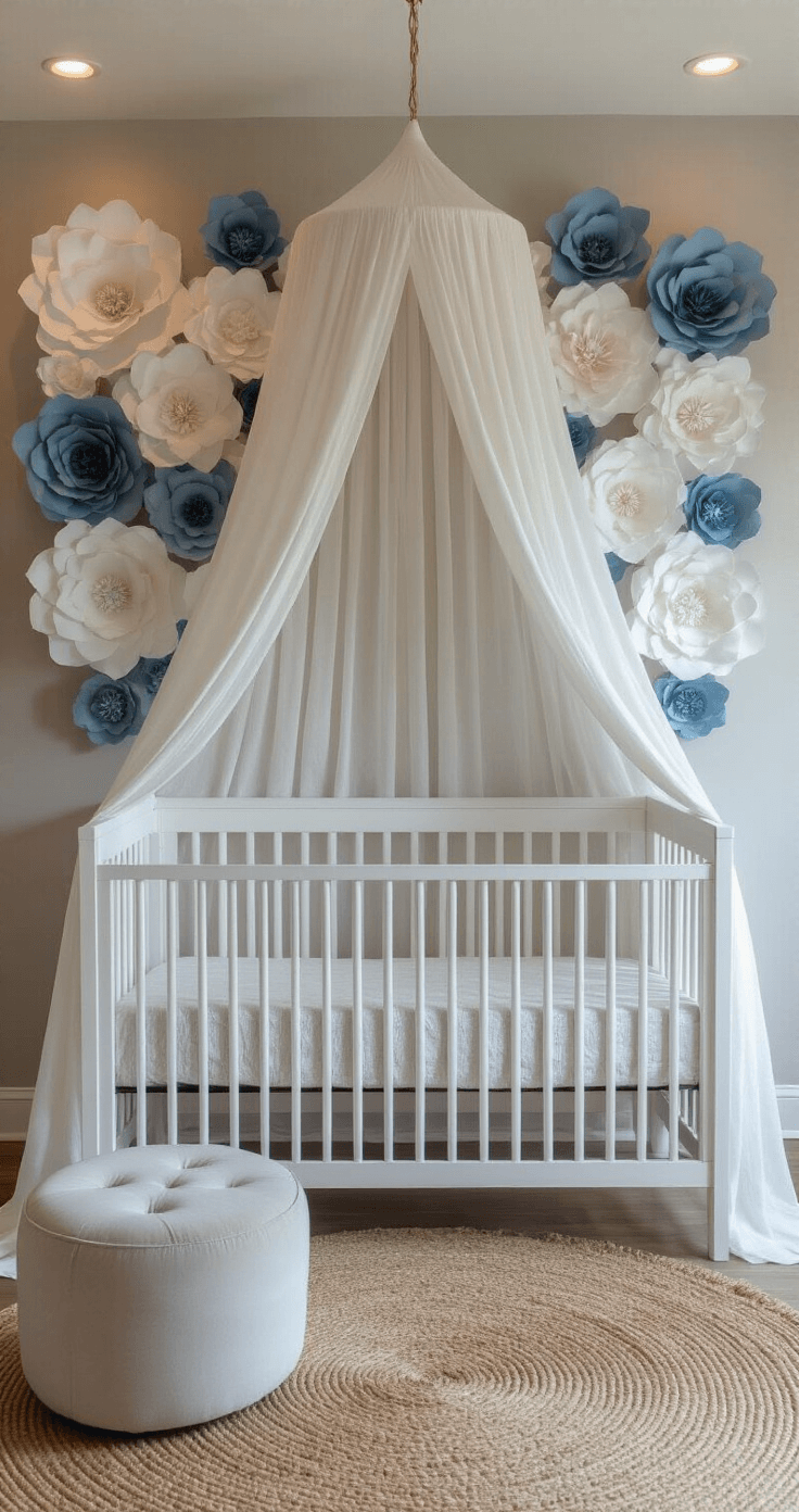 Coastal Nursery Decor: Creating a Serene Ocean-Inspired Baby Haven Dramatic twilight photo of a coastal nursery with an acrylic crib dressed in organic linen, surrounded by oversized paper flowers in whites and blues, illuminated by soft LED uplighting, featuring a velvet ottoman and jute rug.