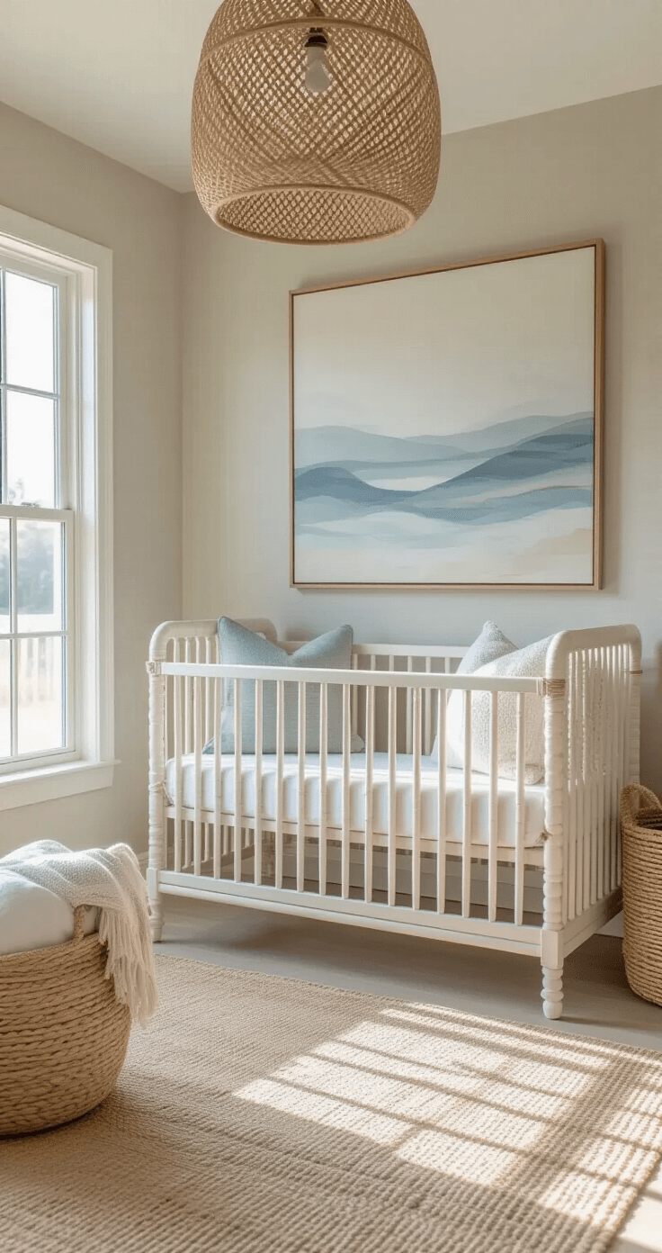 Coastal Nursery Decor: Creating a Serene Ocean-Inspired Baby Haven An environmental portrait of a nursery featuring a white spindle crib, abstract seascape walls, and a window seat with coastal pillows, illuminated by early morning sunlight through French doors.