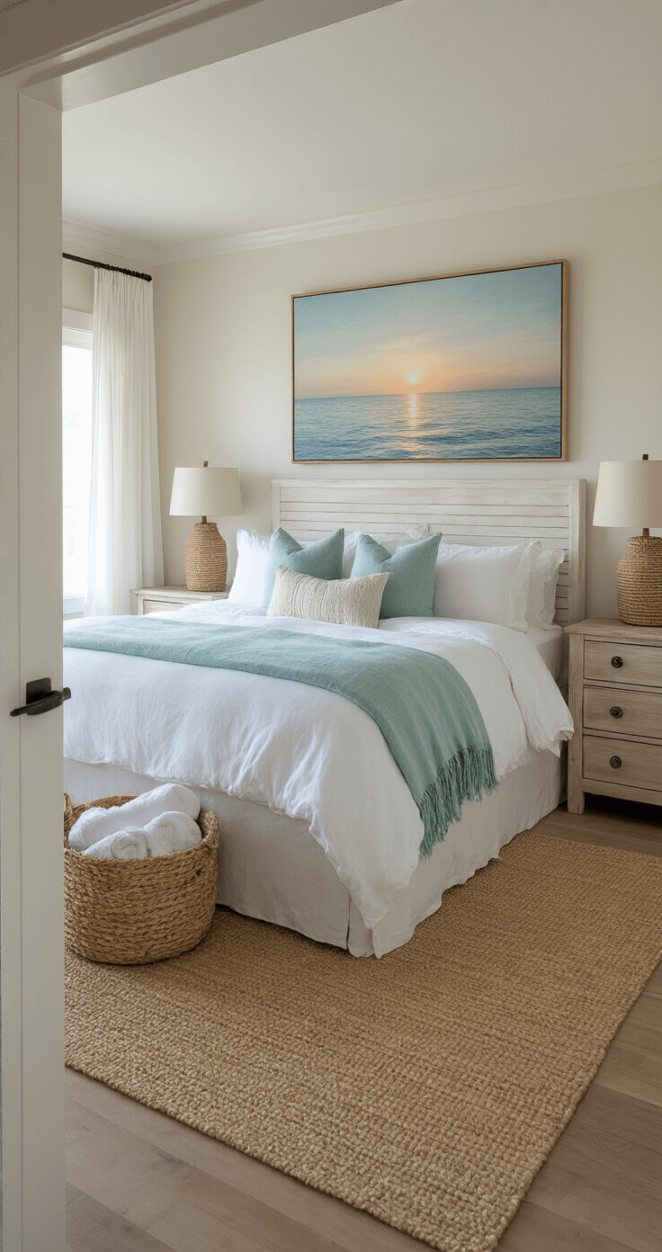 Coastal Decor Magic: Transform Your Space with Hobby Lobby's Beach-Inspired Treasures A serene coastal master bedroom at golden hour with a king bed dressed in white linens and seafoam throws, whitewashed headboard, rope-detailed table lamps, and a canvas of an ocean horizon on the feature wall, featuring sheer curtains and a woven basket of beach towels, captured from a low angle at the doorway.