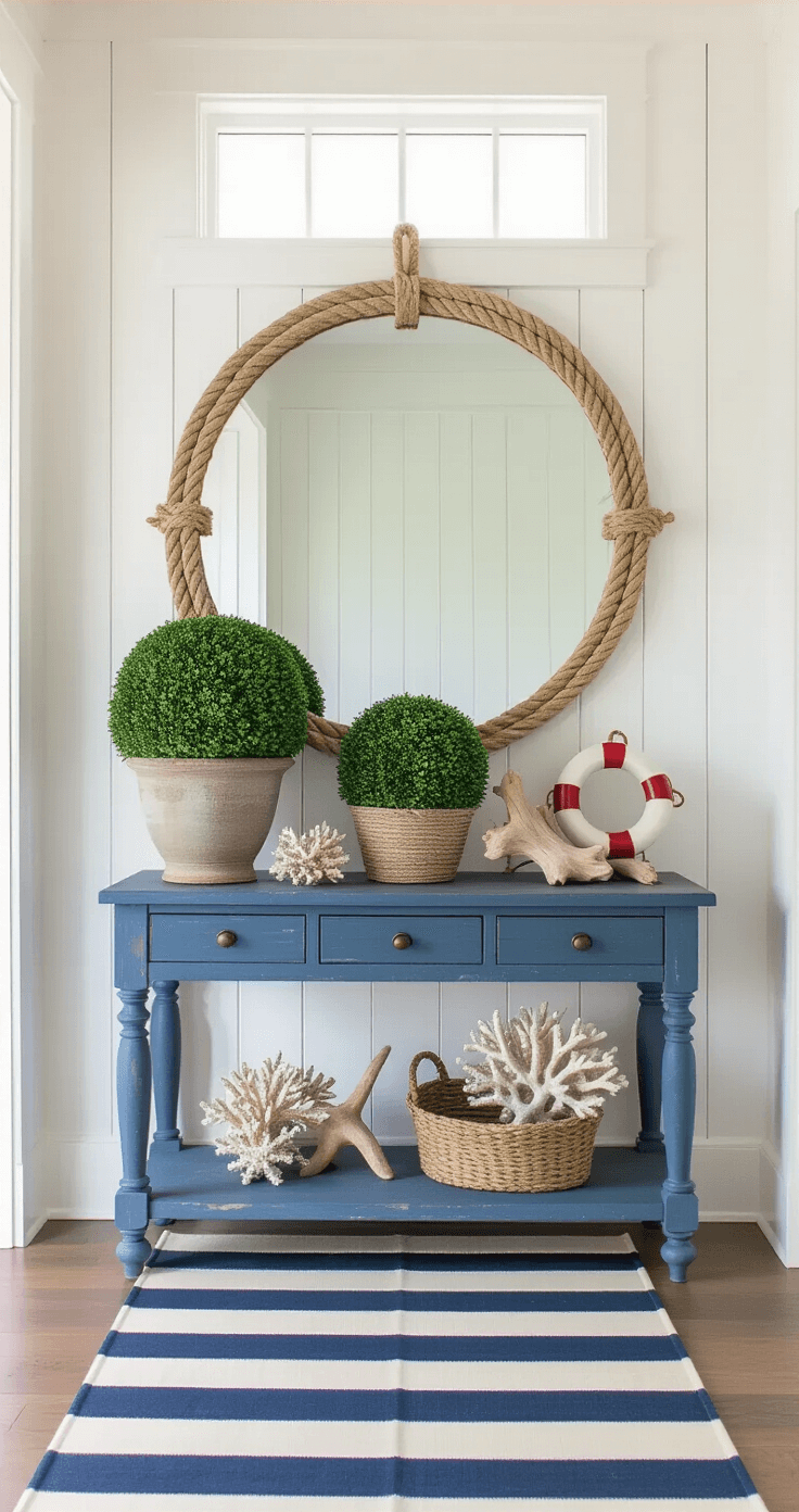 Coastal Decor Magic: Transform Your Space with Hobby Lobby's Beach-Inspired Treasures Nautical-themed entryway featuring a white board and batten foyer illuminated by morning light, with a weathered blue console table styled with vintage glass buoys, driftwood, and coral, topped with a boxwood topiary and an oversized round mirror with rope detailing, complemented by a striped navy runner.