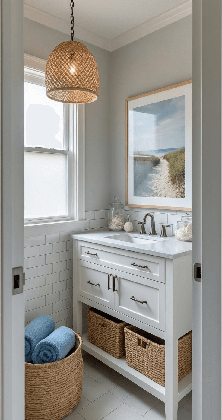 Coastal Decor Magic: Transform Your Space with Hobby Lobby's Beach-Inspired Treasures A contemporary coastal bathroom featuring pale gray walls, subway tile, and a white vanity with shell-colored quartz, illuminated by afternoon light through a frosted window. Decorative elements include sea grass baskets, glass canisters, a beach pathway print above the toilet, a woven pendant light, and rolled Turkish towels in sea blues. The image is captured from a diagonal angle near the doorway.