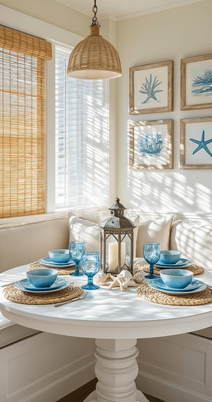 Coastal Decor Magic: Transform Your Space with Hobby Lobby's Beach-Inspired Treasures A beach-inspired breakfast nook featuring a built-in natural linen banquette and a round whitewashed table set with blue glass chargers and twisted rope placemats, illuminated by early morning light filtering through bamboo blinds, with a centerpiece of a weathered lantern surrounded by shells and sea stars, and a gallery wall of coastal prints in distressed frames.