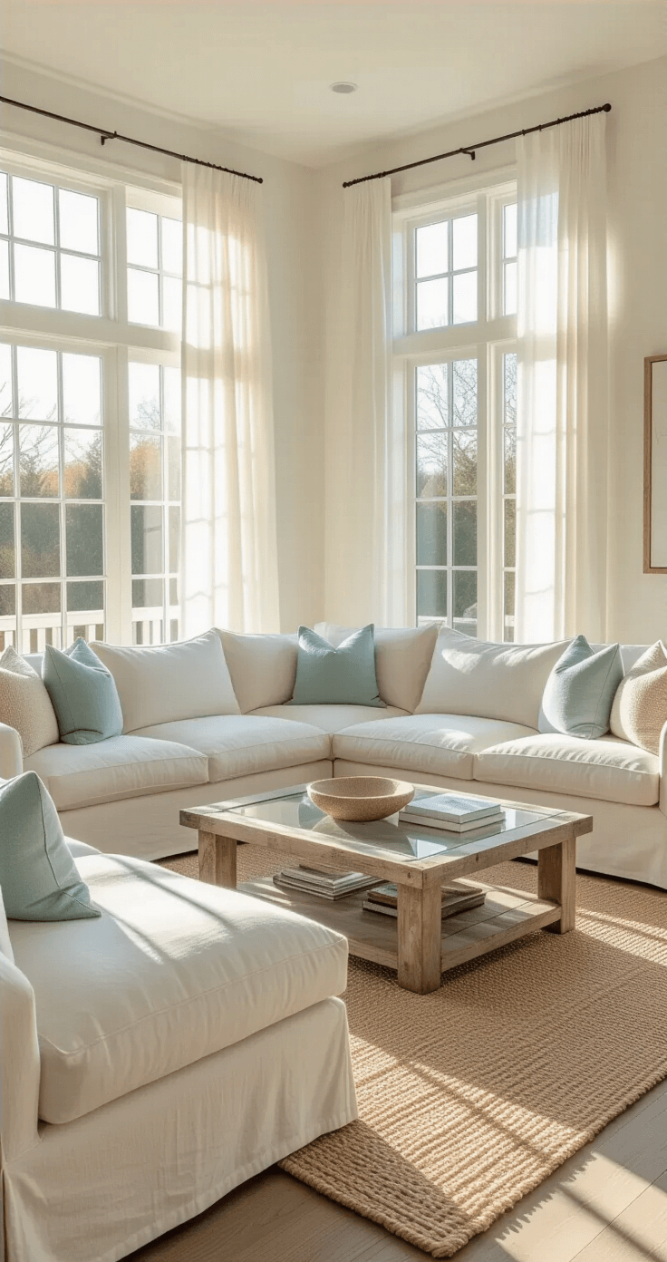 Coastal Calm: Your Ultimate Guide to Breezy, Beach-Inspired Home Decor A bright and airy living room bathed in golden hour light, featuring white walls, a weathered gray oak floor, a cream linen sectional with seafoam and pale blue pillows, a jute rug under a glass-top driftwood coffee table, and long shadows cast by sheer curtains.