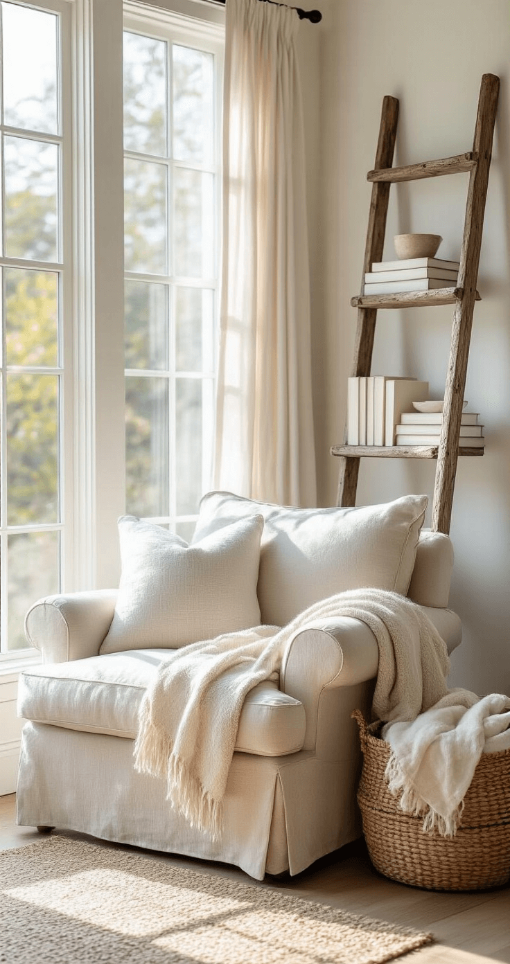 Coastal Calm: Your Ultimate Guide to Breezy, Beach-Inspired Home Decor Cozy reading nook with an oversized oatmeal linen armchair facing large windows, showcasing coastal artifacts and white-spined books on a weathered ladder shelf, with a handwoven basket of throws nearby, captured from a low angle emphasizing height and natural light.