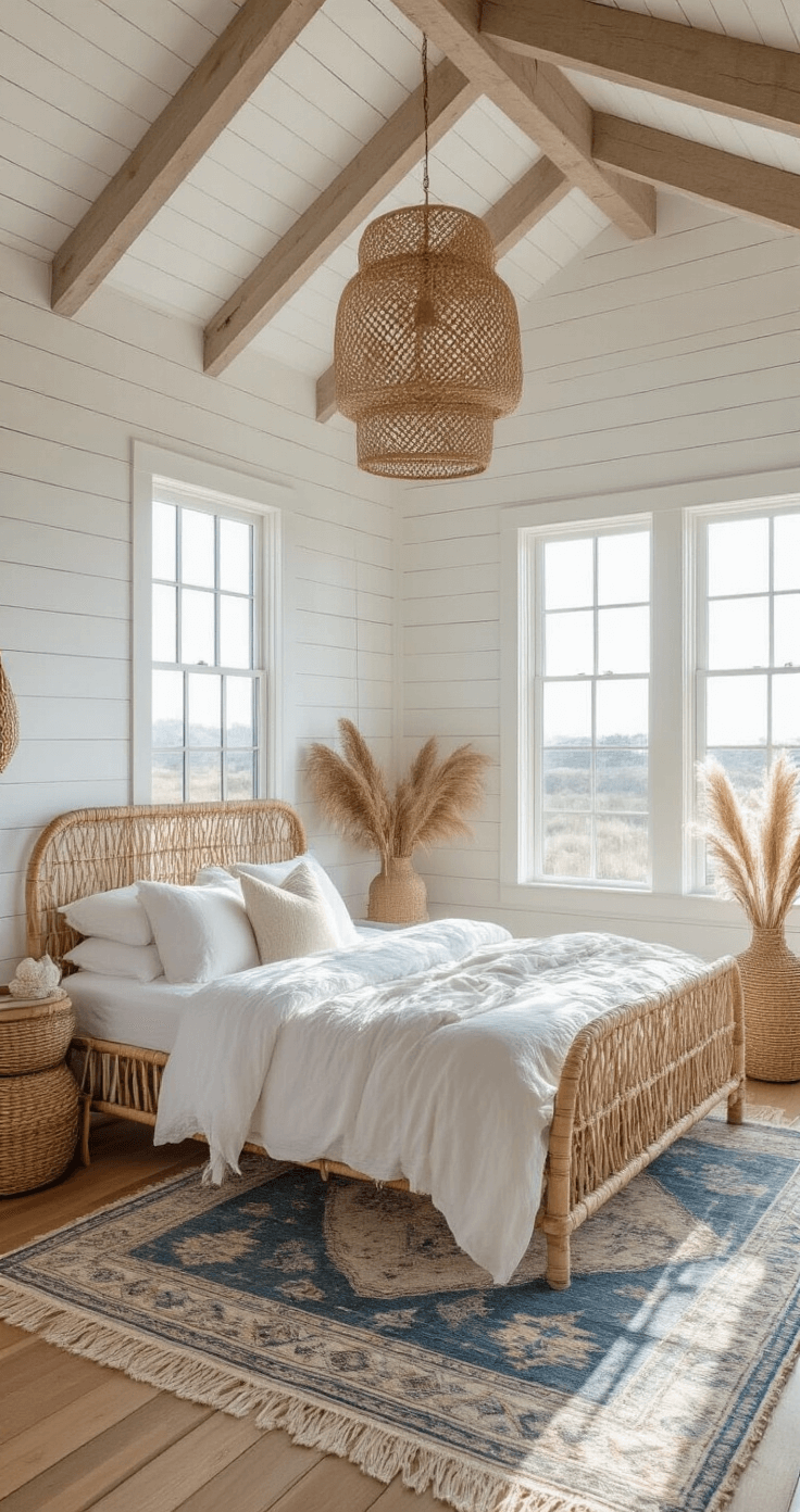 Beachy Coastal Boho Decor: Create Your Dreamy, Laid-Back Paradise at Home A cozy coastal boho bedroom with white-washed shiplap walls, a rattan bed frame with rumpled linen, and floor-to-ceiling windows bathed in warm morning light. Layered vintage Moroccan rugs and bamboo flooring create a serene ambiance, accented by hanging rattan pendant lights and natural décor like woven baskets and dried pampas grass.