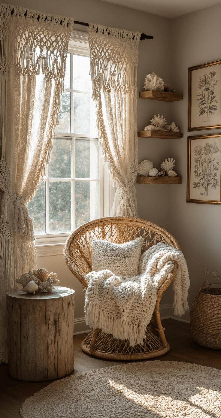 Beachy Coastal Boho Decor: Create Your Dreamy, Laid-Back Paradise at Home A cozy bohemian reading nook featuring a rattan peacock chair with a chunky knit throw, distressed wooden side table, and floating reclaimed wood shelves displaying shells and coral. Late morning light filters through macramé curtains, casting intricate shadows, while vintage botanical prints adorn the walls. Shot from a corner to emphasize the chair as the focal point.
