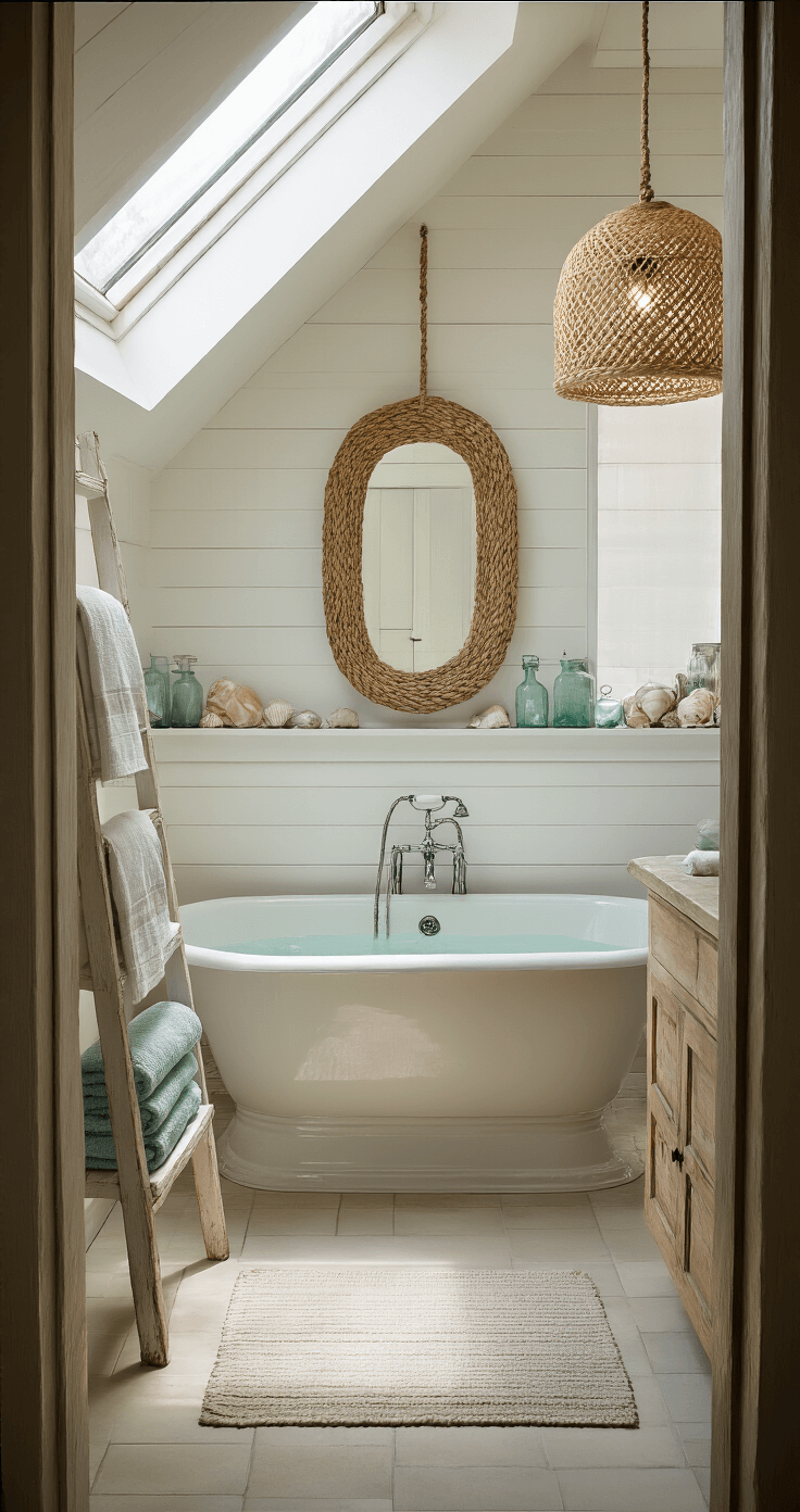 Beachy Coastal Boho Decor: Create Your Dreamy, Laid-Back Paradise at Home A serene 8x10ft bathroom featuring a vintage clawfoot tub illuminated by morning light through a skylight, with Turkish towels in sea-glass tones on a wooden ladder, a rope-wrapped mirror above a reclaimed boat wood vanity, and decorative shells and sea glass on the window sills.