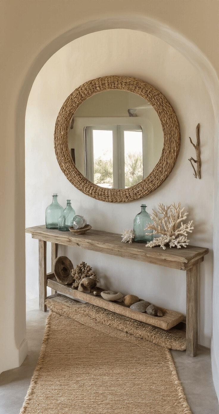 Beachy Coastal Boho Decor: Create Your Dreamy, Laid-Back Paradise at Home A welcoming entryway with a curved archway, textured ivory walls illuminated by late afternoon light, featuring a weathered teak console table displaying vintage glass floats and coral specimens, an oversized round rattan mirror, a sandy neutral handwoven runner, and mounted driftwood coat hooks, captured straight-on to emphasize depth.