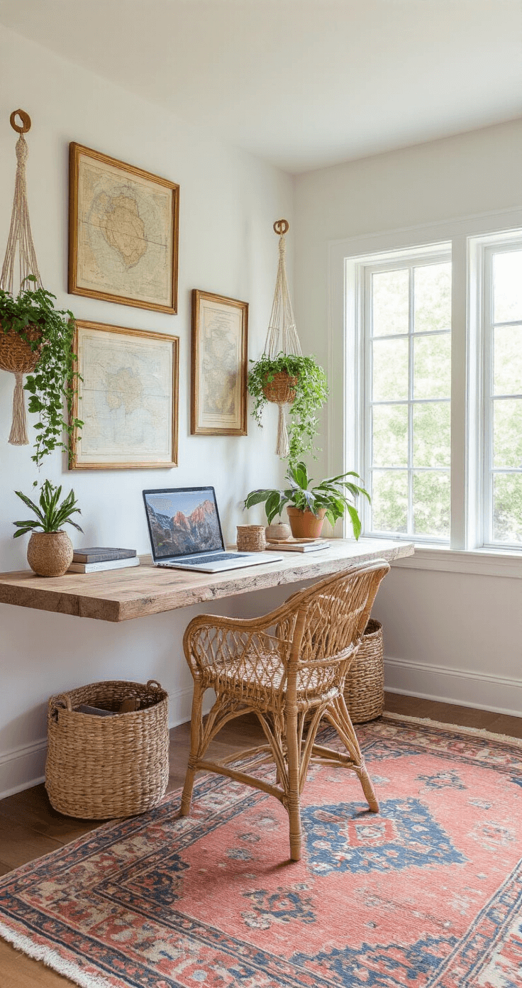 Beachy Coastal Boho Decor: Create Your Dreamy, Laid-Back Paradise at Home A bright and inviting 12x12ft home office, featuring white walls, a vintage kilim rug in muted corals and blues, a rattan peacock desk chair at a floating reclaimed wood desk, macramé plant hangers with trailing plants, and a gallery wall of vintage maps and botanical prints in brass frames, all illuminated by morning light.