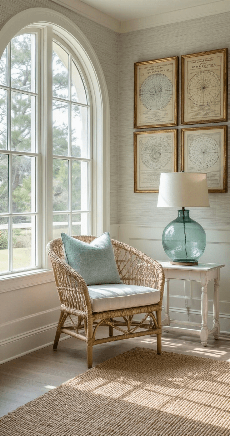 Coastal Living Room Decor: Your Ultimate Guide to Creating a Breezy, Serene Space A cozy coastal living room corner with a reading nook by a 7ft arched window, featuring a chunky woven rope chair, a seafoam green glass lamp on a whitewashed side table, vintage maritime maps in gilt frames on the wall, and natural light illuminating a bleached oak floor with a sisal rug.