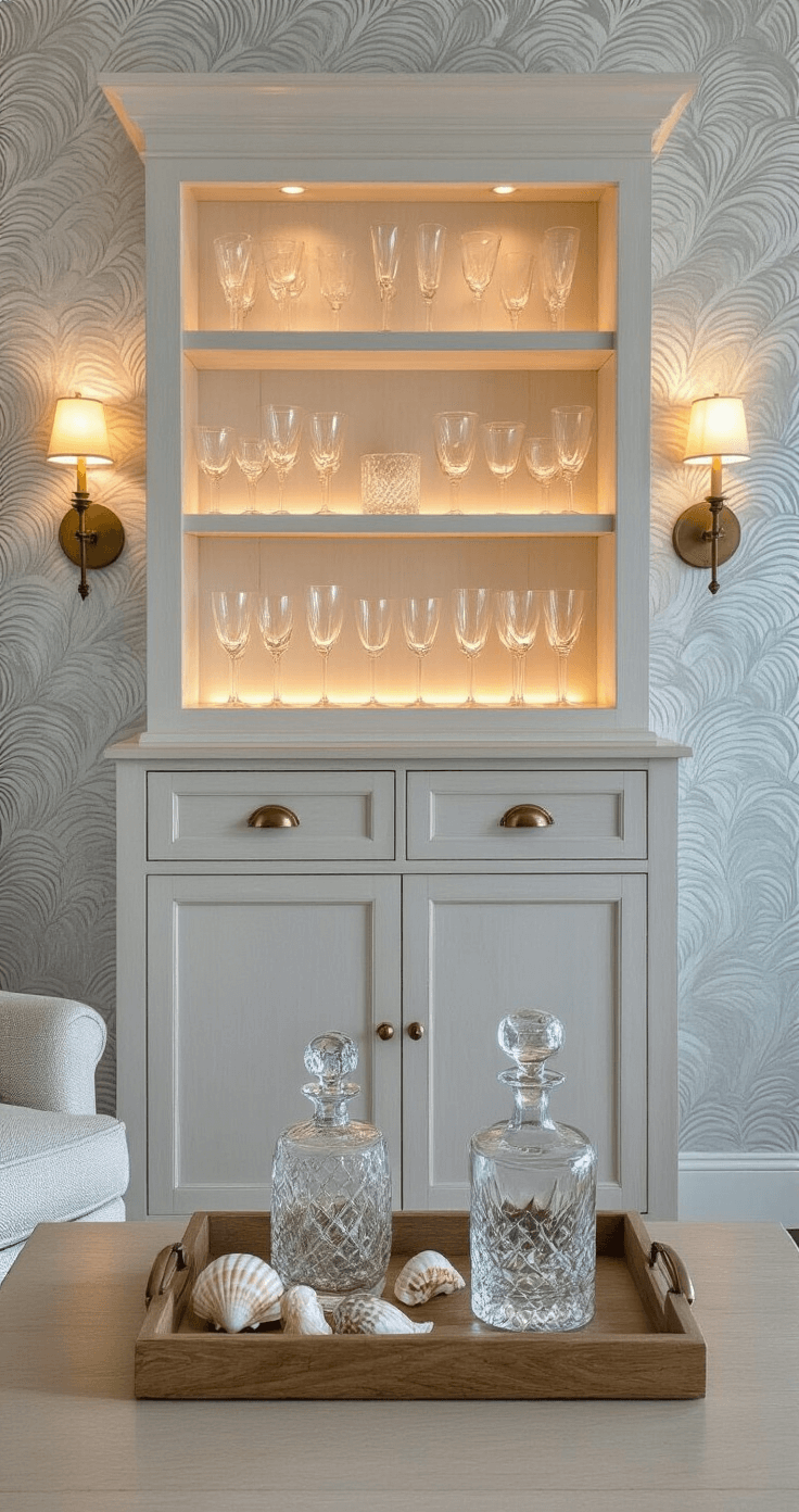 Coastal Living Room Decor: Your Ultimate Guide to Creating a Breezy, Serene Space A sophisticated coastal living room bar area at twilight, featuring a whitewashed oak cabinet with brass hardware, illuminated floating shelves displaying glassware, hand-painted wallpaper in silver and pearl wave pattern, a tray with crystal decanters and shells on a bleached burl wood console, and warm ambient lighting from aged brass sconces.