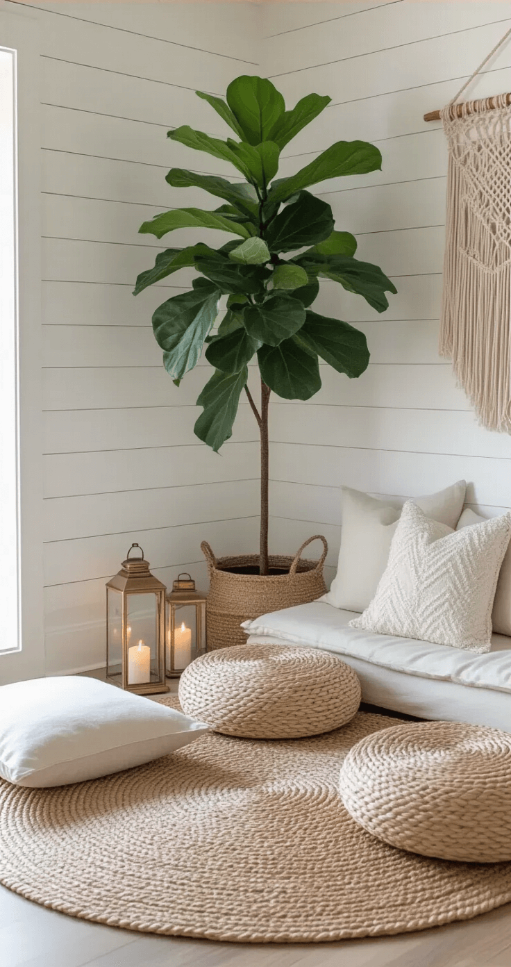 Coastal Living Room Decor: Your Ultimate Guide to Creating a Breezy, Serene Space A serene coastal living room corner filled with dawn light, featuring floor cushions on a jute rug, a tall fiddle leaf fig, macramé wall hangings, brass lanterns with candles, and white shiplap walls, captured from a low angle to highlight the tranquil atmosphere.