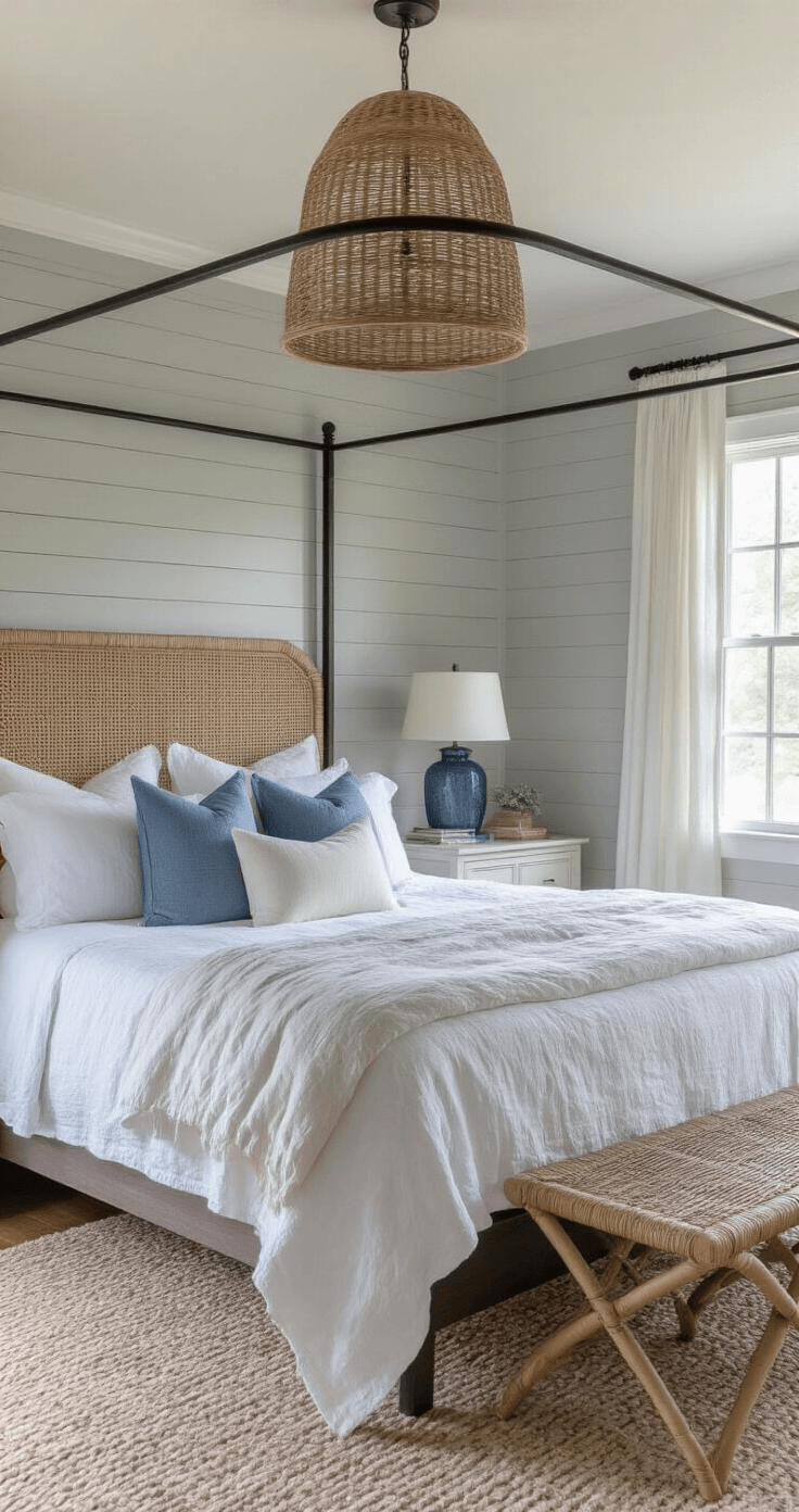 Rustic Coastal Farmhouse Decor: Your Ultimate Guide to Breezy, Lived-In Elegance A serene master bedroom featuring an iron canopy bed with rumpled white linen against a soft gray shiplap wall, layered quilts, chambray pillows, rattan pendant casting shadows, seagrass headboard, whitewashed nightstands, and blue glass lamps, illuminated by morning light.