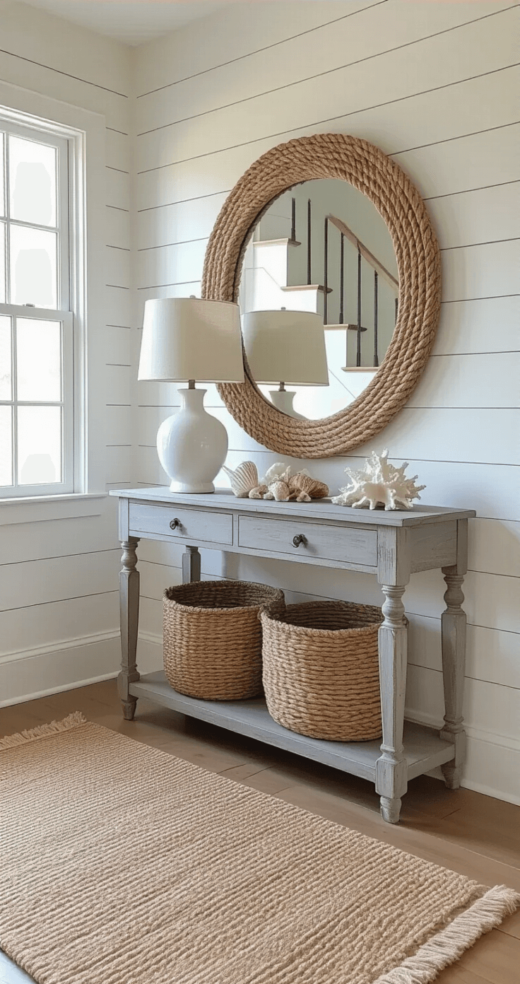 Rustic Coastal Farmhouse Decor: Your Ultimate Guide to Breezy, Lived-In Elegance A welcoming 8x10ft foyer in late afternoon light featuring a vintage gray console table beneath a rope-wrapped mirror, accompanied by a white ceramic lamp, seashells, and coral specimens. A natural fiber runner leads to a shiplap stairway, while a collection of woven baskets adds texture to the space.