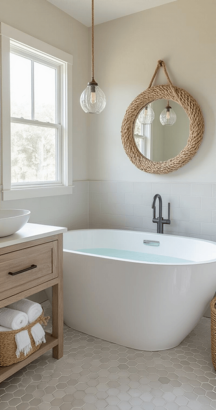Rustic Coastal Farmhouse Decor: Your Ultimate Guide to Breezy, Lived-In Elegance A spa-like bathroom featuring a freestanding white soaking tub on a pale gray hex tile floor, complemented by a weathered oak floating vanity with a vessel sink, a rope-wrapped mirror, and glass pendant lights, all illuminated by soft morning light. White Turkish towels are neatly rolled in a seagrass basket.