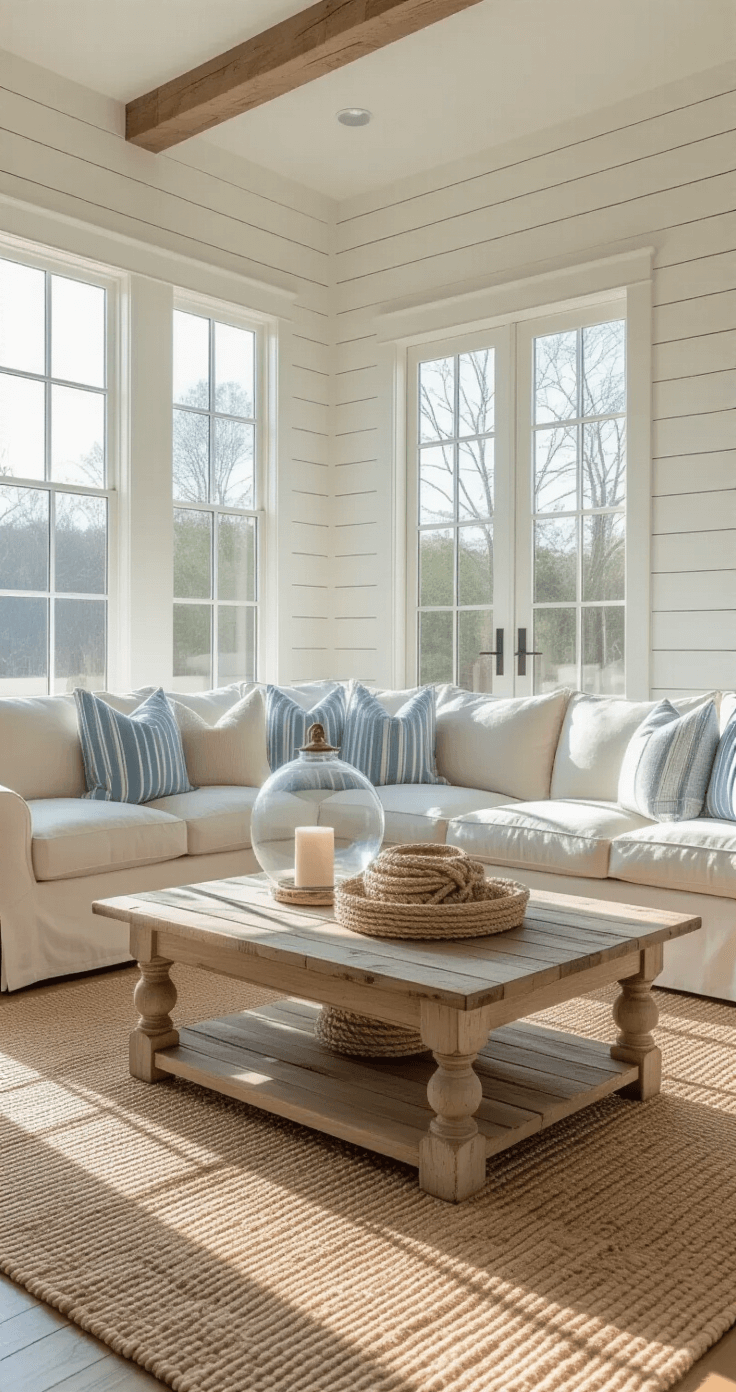 Rustic Coastal Decor: Transform Your Space into a Seaside Sanctuary Sun-drenched living room with white shiplap walls, featuring a plush oatmeal sofa, striped pillows, driftwood coffee table, and layered jute rugs, illuminated by morning light through large windows.