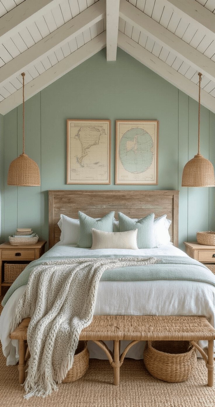 Rustic Coastal Decor: Transform Your Space into a Seaside Sanctuary A cozy coastal bedroom featuring whitewashed wooden beams, seafoam green walls, and a weathered barnwood headboard, with a pale gray chunky knit throw on the linen bed. Rattan pendant lights cast warm patterns, while woven baskets and seagrass furniture add texture, all photographed at golden hour with soft backlighting.