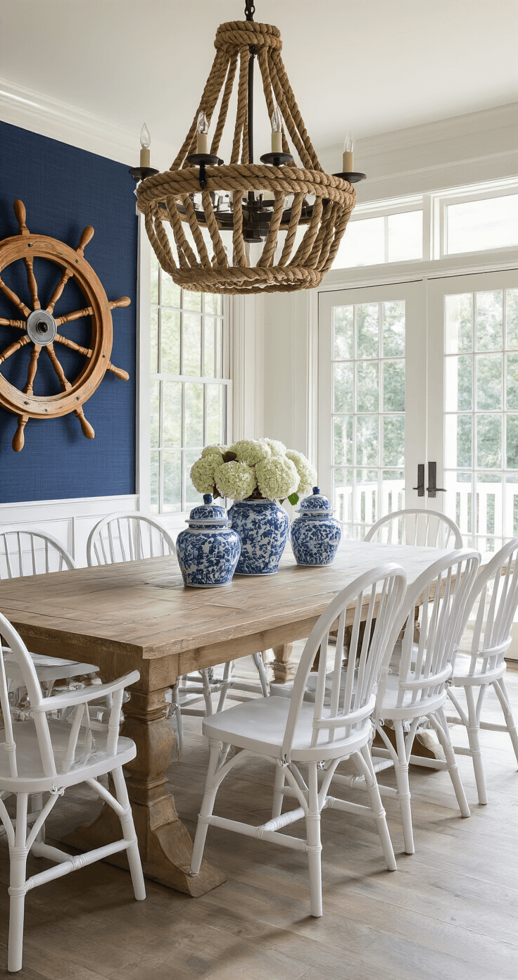 Rustic Coastal Decor: Transform Your Space into a Seaside Sanctuary A bright dining space featuring a reclaimed teak table surrounded by white-washed Windsor chairs, with French doors leading to a covered porch. A vintage ship's wheel decorates navy grasscloth wallpaper, while a rope-wrapped chandelier hangs above, casting intricate shadows. Blue and white ginger jars filled with white hydrangeas complete the tablescape.