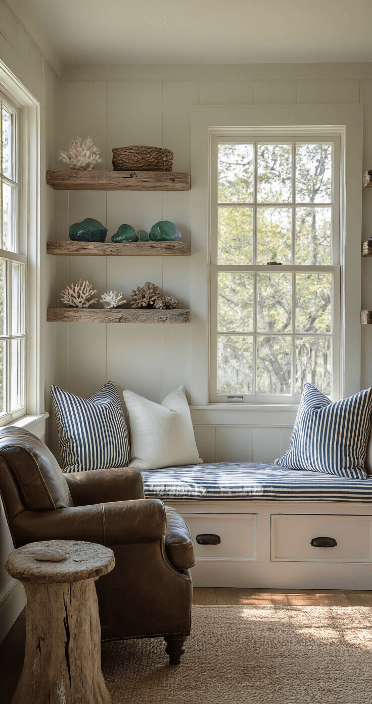 Rustic Coastal Decor: Transform Your Space into a Seaside Sanctuary A cozy reading nook filled with afternoon light, featuring a window bench with striped maritime cushions, weathered floating shelves with sea glass and coral, a distressed leather armchair, and a raw-edge side table, all shot at eye level with a dreamy atmosphere.