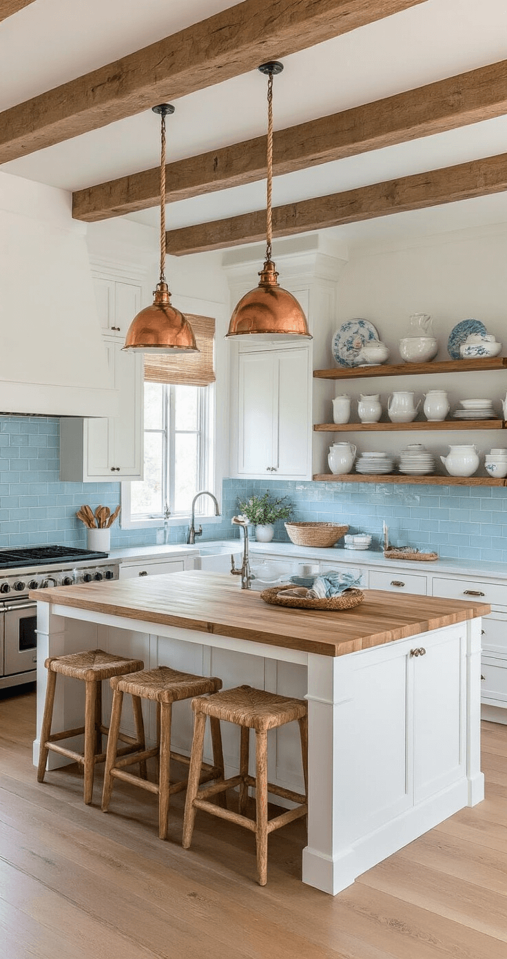 Rustic Coastal Decor: Transform Your Space into a Seaside Sanctuary An airy open-concept kitchen featuring white cabinets with rope pulls, a pale blue subway tile backsplash, and a large driftwood-toned butcher block island. Exposed wooden ceiling joists and vintage copper pendant lights enhance the space, while open shelving showcases white ironstone pottery and sea-themed ceramics, all captured in natural light supplemented by warm artificial lighting.