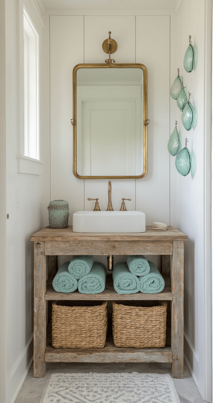 Rustic Coastal Decor: Transform Your Space into a Seaside Sanctuary A tranquil powder room featuring white board and batten walls, a reclaimed boat wood floating vanity, a weathered brass mirror, and handwoven basket storage with Turkish towels in sea glass colors, illuminated by soft side lighting.