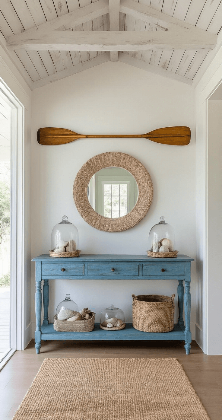 Rustic Coastal Decor: Transform Your Space into a Seaside Sanctuary A bright 12x14ft entryway with a whitewashed wood ceiling, vintage oar coat rack, distressed blue console table with beach treasures under glass cloches, and a round capiz shell mirror reflecting natural light, featuring a sisal runner leading to the living space.
