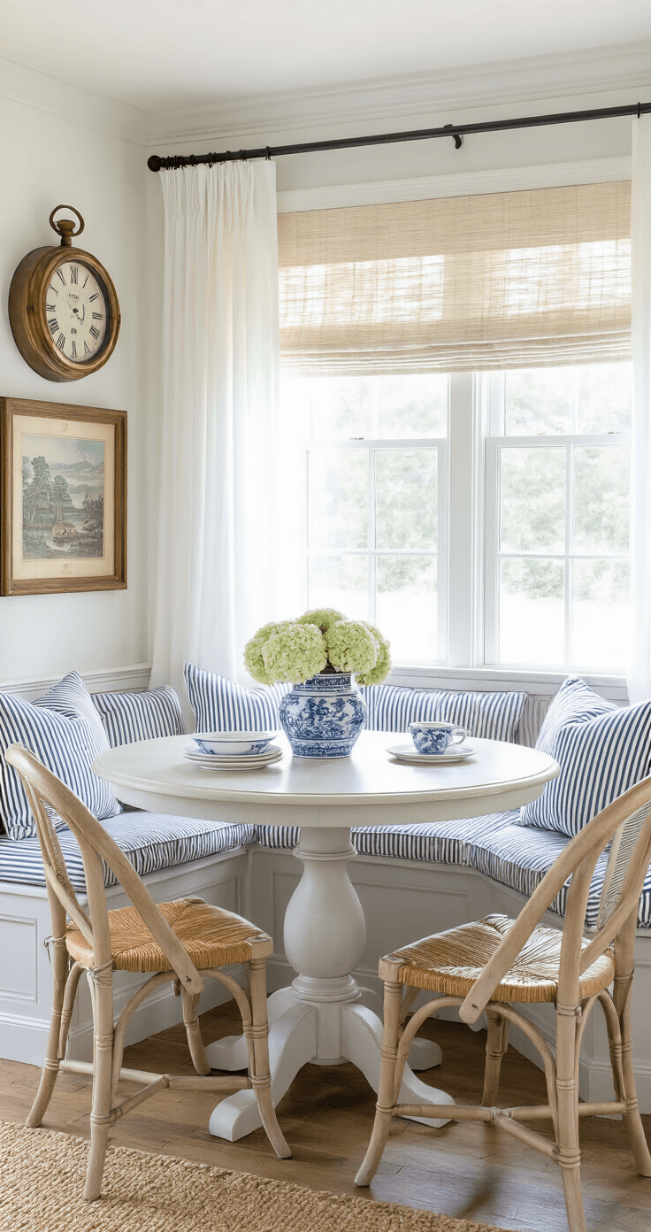 French Coastal Decor: Transforming Your Home with Seaside Elegance and Parisian Charm Intimate breakfast nook featuring a driftwood banquette with striped cushions, a whitewashed pedestal table adorned with a ginger jar of hydrangeas, vintage cafe chairs, and a gallery wall of coastal prints, all illuminated by morning light through sheer curtains.