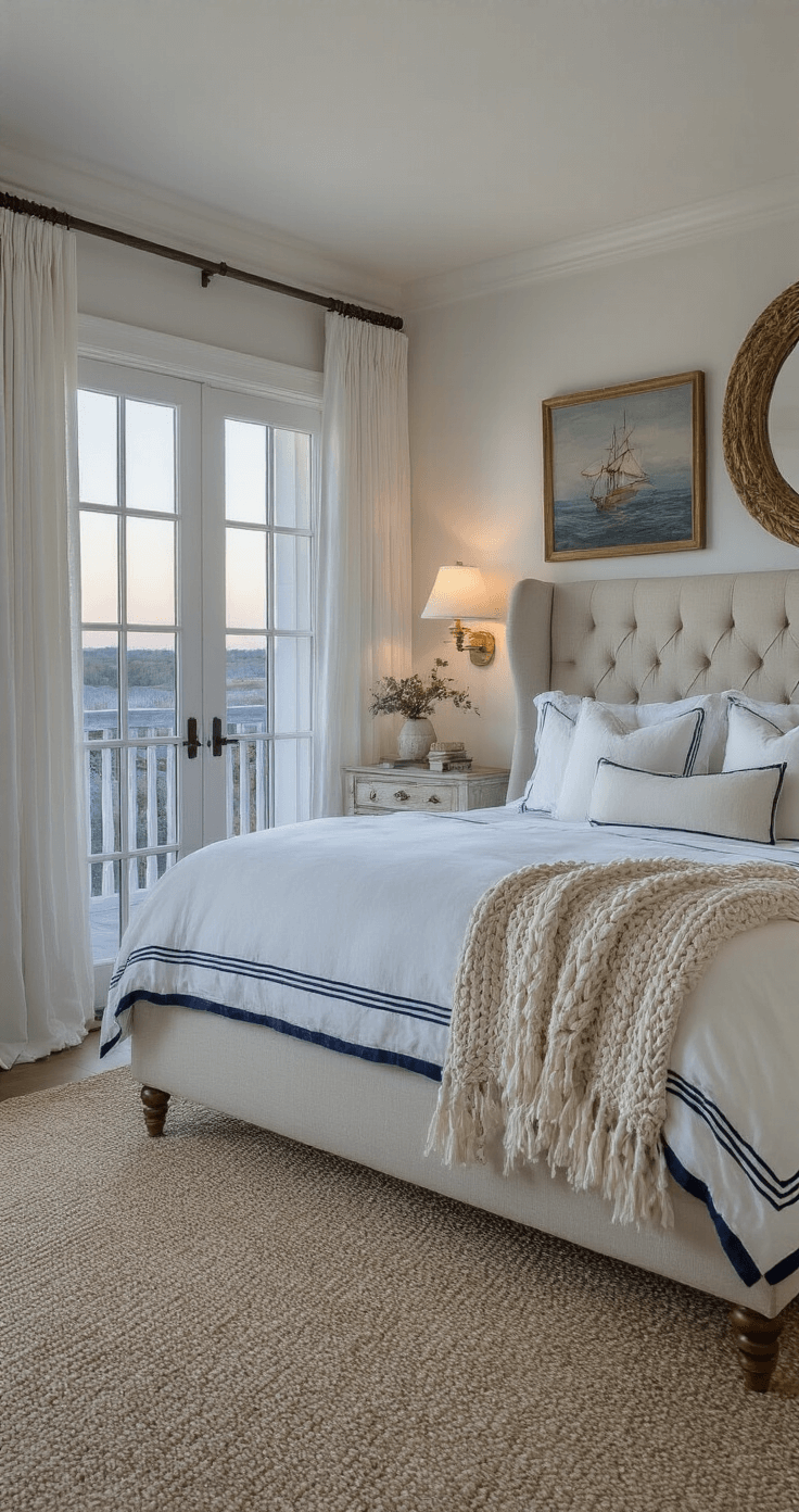 French Coastal Decor: Transforming Your Home with Seaside Elegance and Parisian Charm A cozy master bedroom at dusk featuring a Juliet balcony, upholstered wingback headboard, crisp white bedding with navy trim, weathered nightstands, brass sconces, a rope-wrapped mirror, vintage ship paintings, and flowing white curtains in a serene coastal palette.