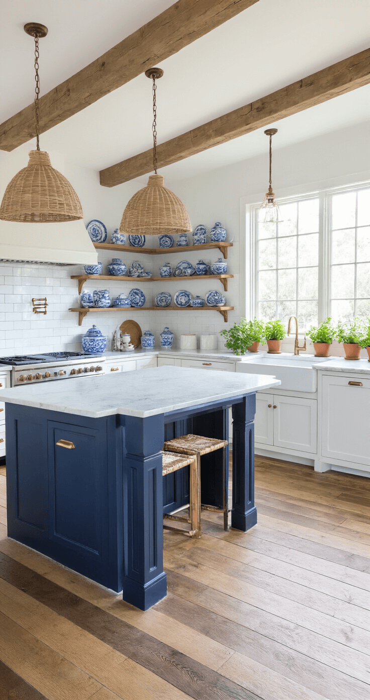 French Coastal Decor: Transforming Your Home with Seaside Elegance and Parisian Charm Spacious farmhouse kitchen featuring white shaker cabinets, a navy island with a marble top, open shelving with vintage pottery, woven pendants, a subway tile backsplash, terracotta herbs on the windowsill, and wide plank floors, all illuminated by bright morning light.