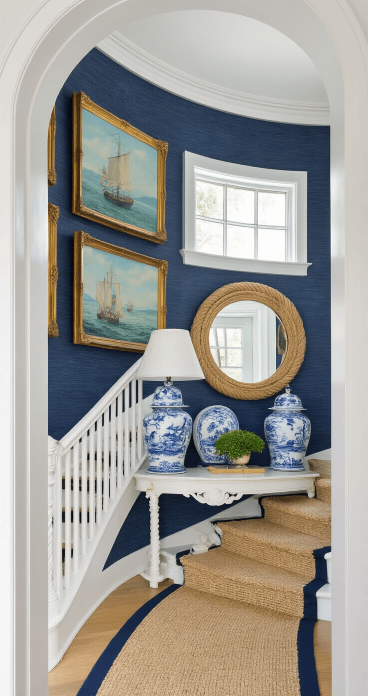 French Coastal Decor: Transforming Your Home with Seaside Elegance and Parisian Charm Entry foyer featuring a dramatic curved staircase with a sisal runner and navy binding, adorned with a whitewashed console topped with blue and white chinoiserie lamps. An oversized round rope mirror reflects natural light from a transom window, while navy grasscloth wallpaper adds texture. Vintage seascape oil paintings create a gallery wall up the staircase, captured from an elevated perspective.