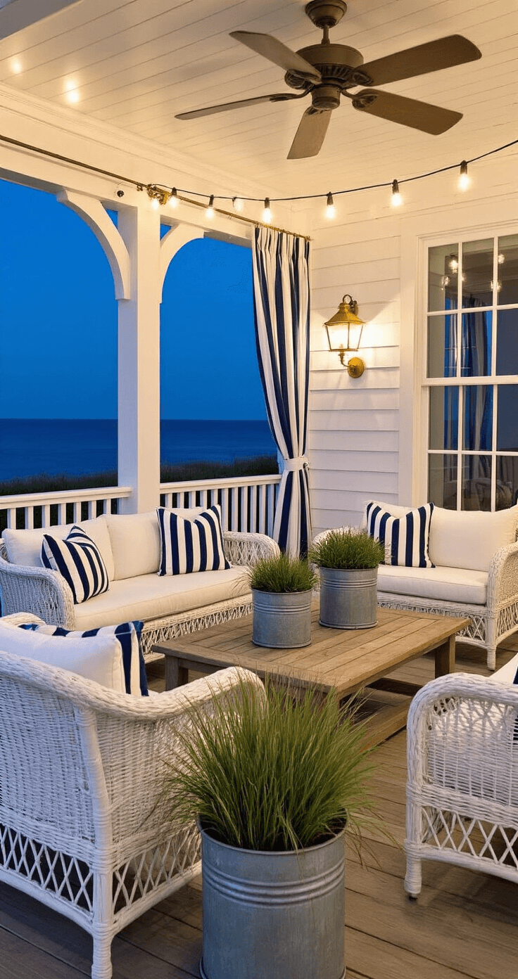 French Coastal Decor: Transforming Your Home with Seaside Elegance and Parisian Charm Twilight scene of a covered porch featuring white-painted rattan seating with navy and white striped cushions around a weathered teak coffee table, illuminated by string lights. Coastal grasses fill vintage zinc planters, and brass marine-style sconces cast soft uplighting against a whitewashed ceiling with slow-moving fans. Blue and white striped outdoor curtains frame a view of the ocean.